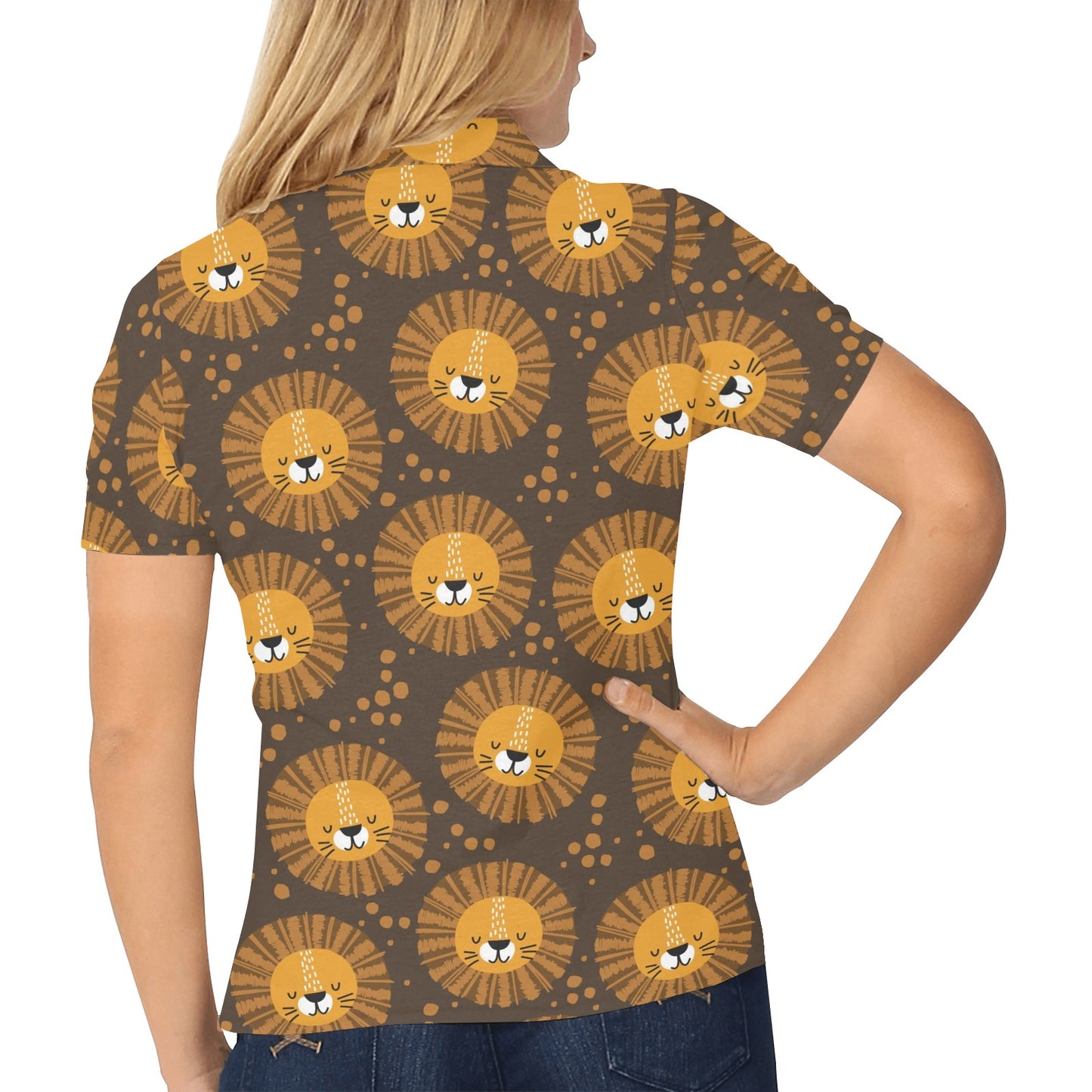 Lion Cartoon Pattern Print Design 01 Women's Polo Shirt