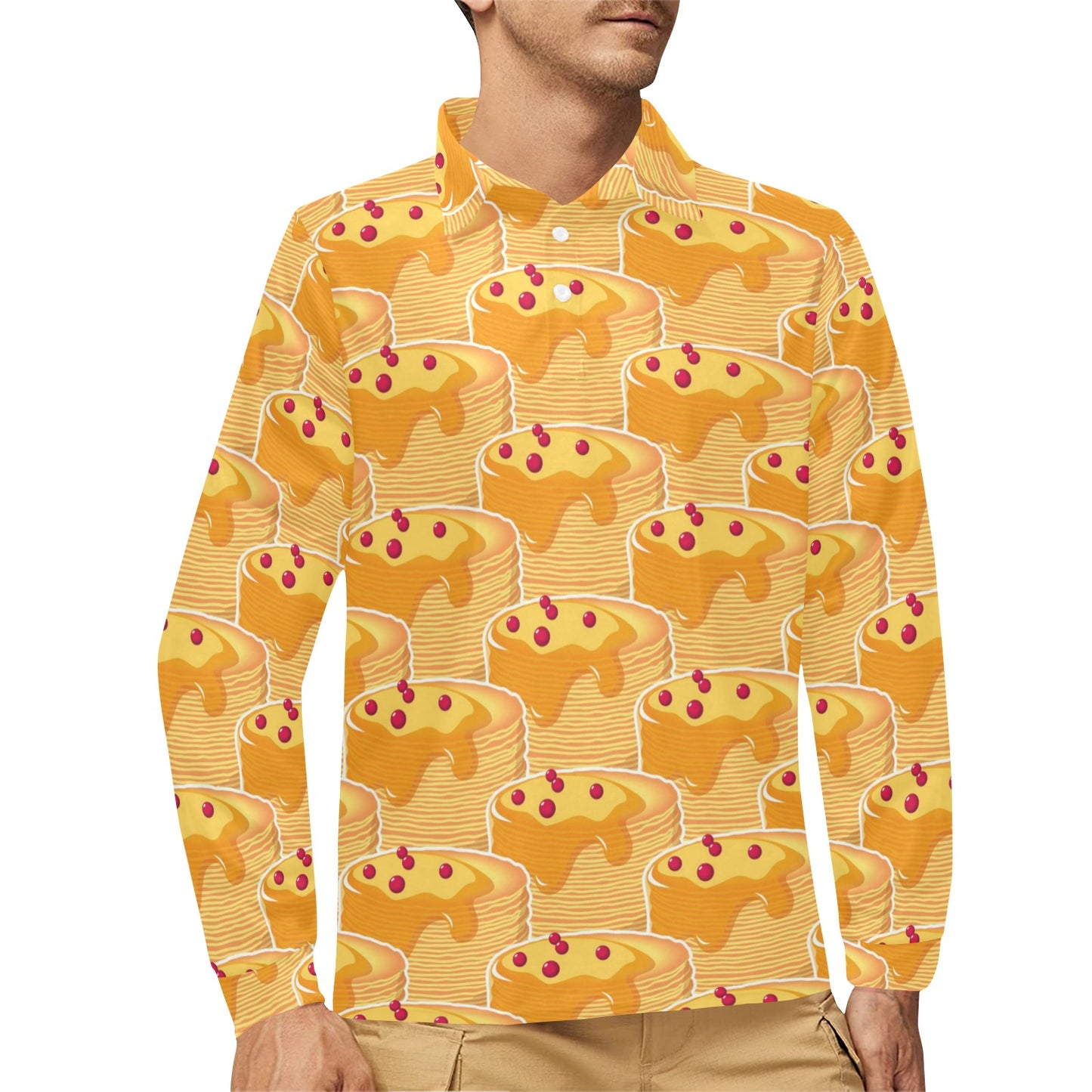 Pancake Pattern Print Design A04 Long Sleeve Polo Shirt For Men's