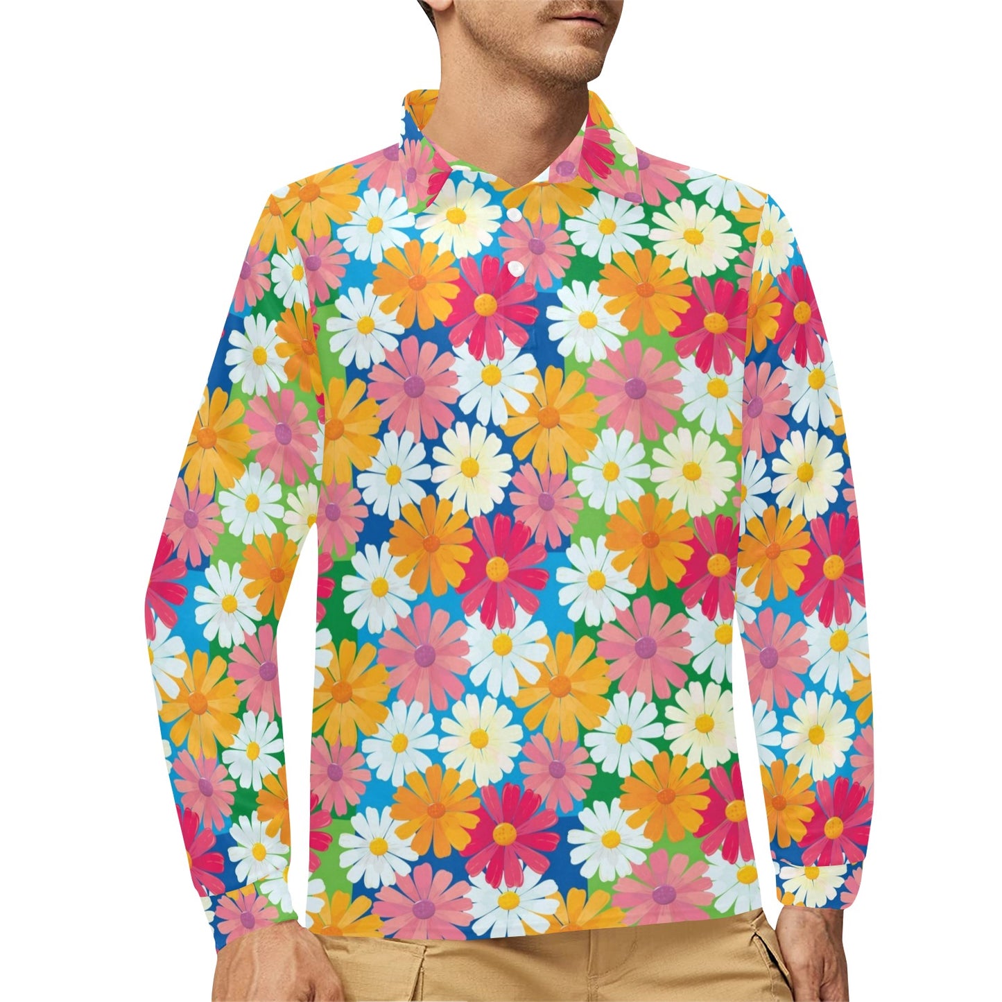 Daisy Pattern Print Design DS05 Long Sleeve Polo Shirt For Men's
