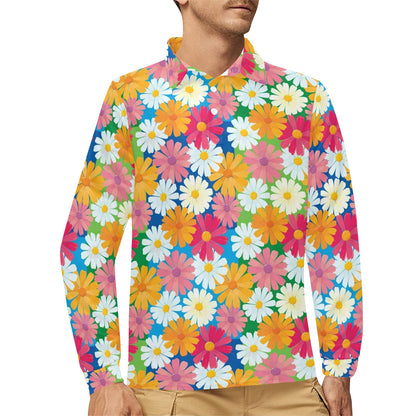 Daisy Pattern Print Design DS05 Long Sleeve Polo Shirt For Men's