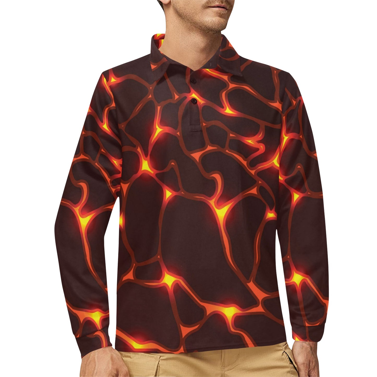 Lava Pattern Print Design 02 Long Sleeve Polo Shirt For Men's