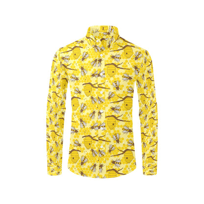 Bee With Honeycomb Print Design LKS302 Men's Long Sleeve Dress Shirt