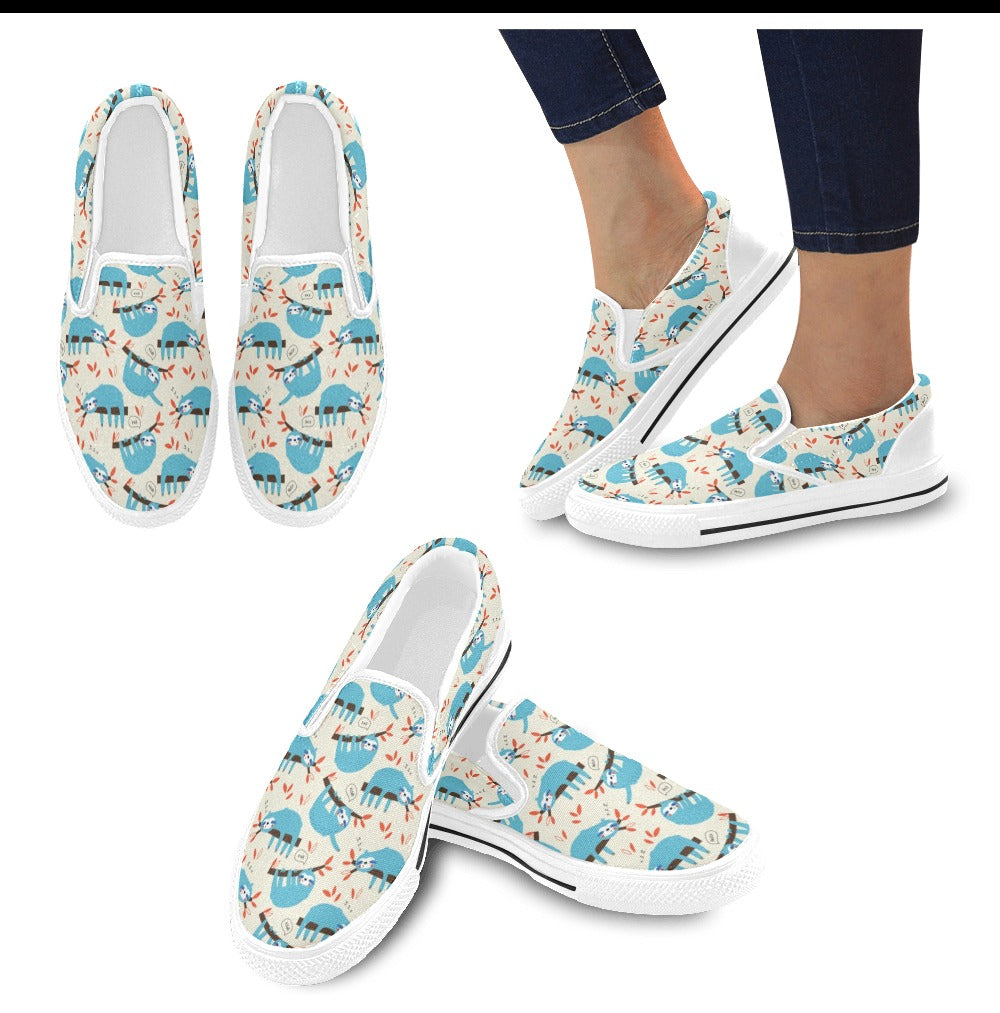 Sloth Print Design LKS3011 White Slip Ons Canvas Women's Shoes
