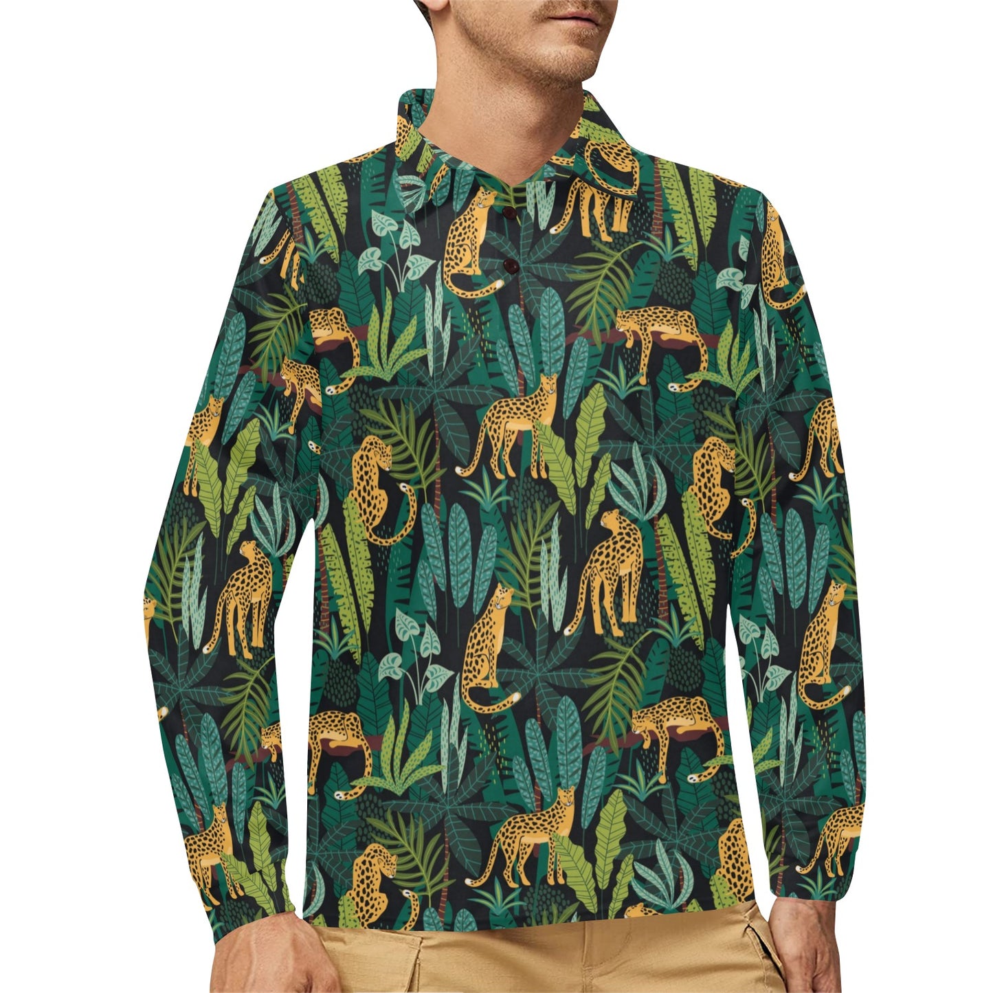 Jaguar Jungle Pattern Print Design 03 Long Sleeve Polo Shirt For Men's