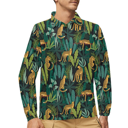 Jaguar Jungle Pattern Print Design 03 Long Sleeve Polo Shirt For Men's