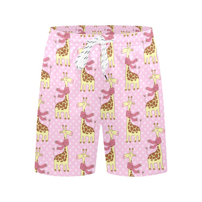 Giraffe Cute Pink Polka Dot Print Men's Swim Trunks Beach Shorts
