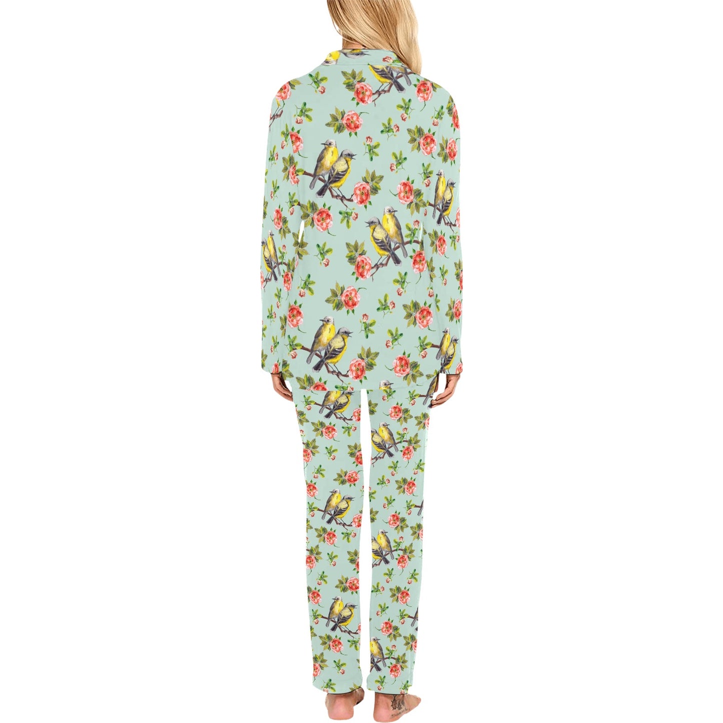 Bird with Red Flower Print Pattern Women's Long Pajama Set