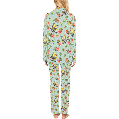 Bird with Red Flower Print Pattern Women's Long Pajama Set