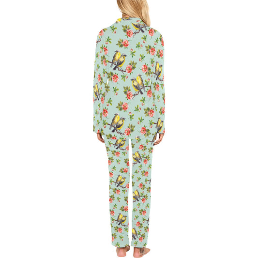 Bird with Red Flower Print Pattern Women's Long Pajama Set
