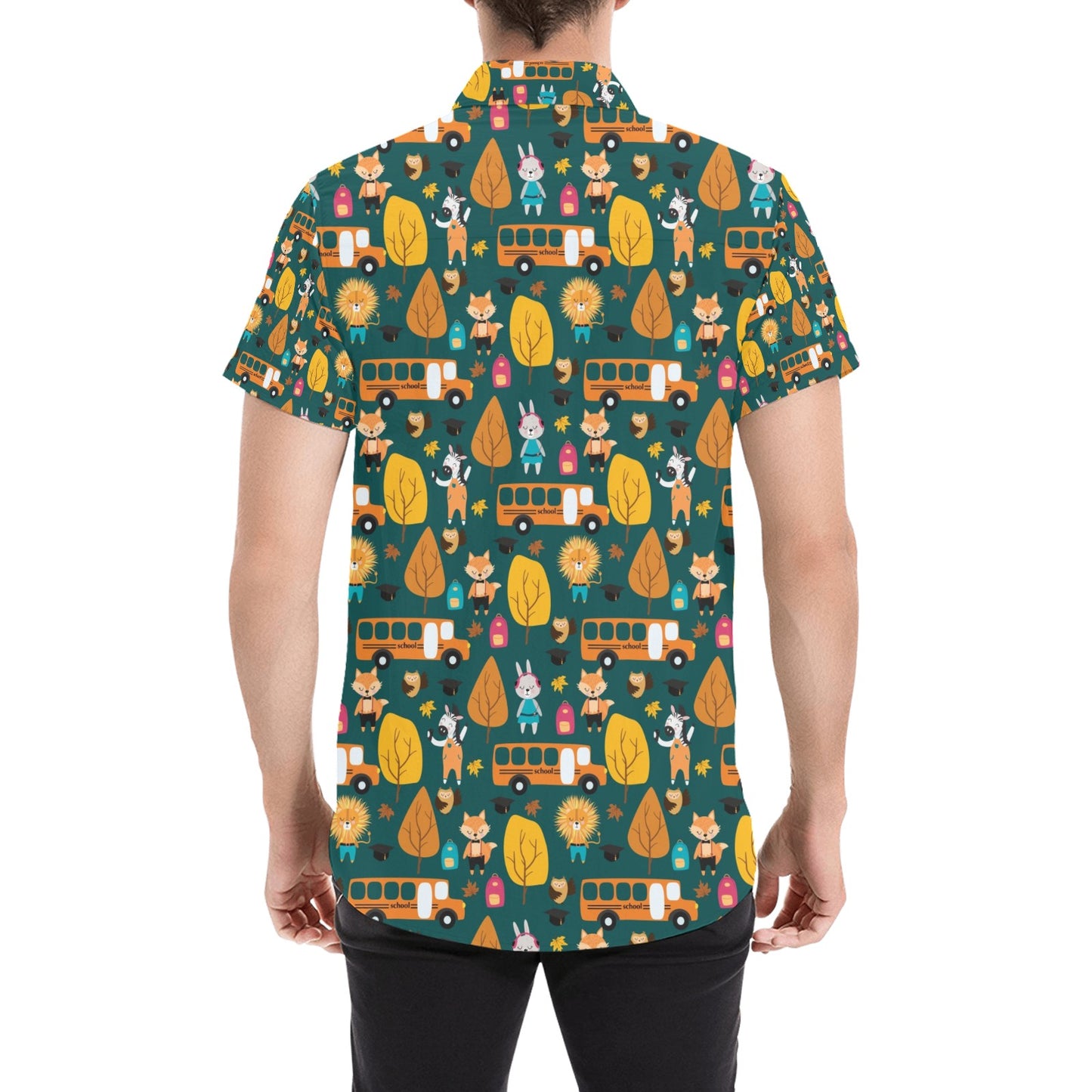 School Bus Print Design LKS309 Men Short Sleeve Button Up Shirt