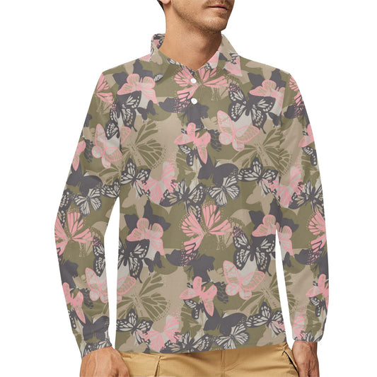 Butterfly camouflage Long Sleeve Polo Shirt For Men's
