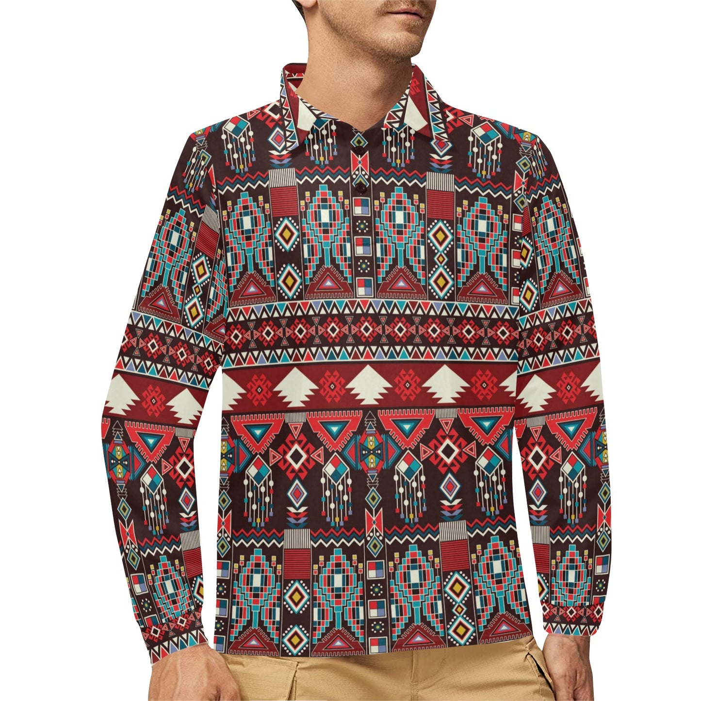 Tribal Aztec Indians native american Long Sleeve Polo Shirt For Men's