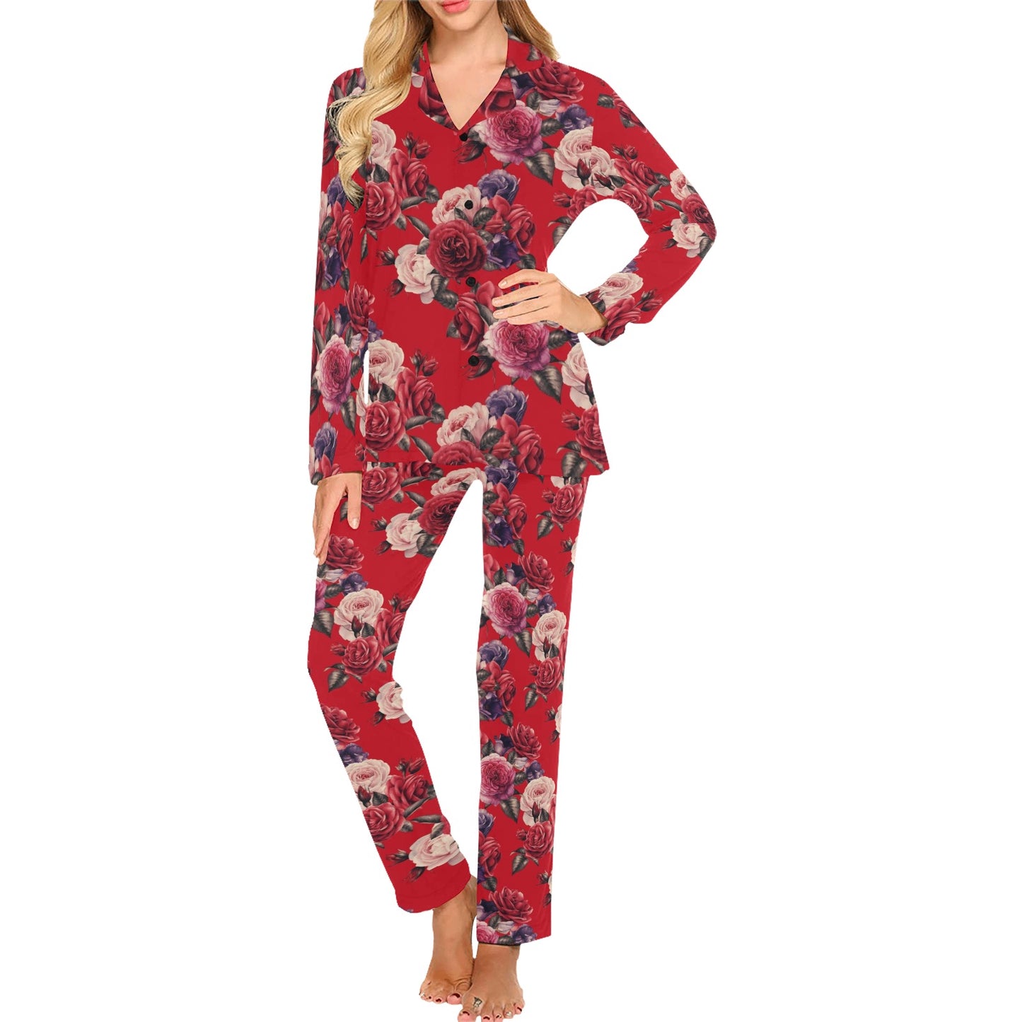 Rose Red Pattern Print Design RO07 Women's Long Pajama Set