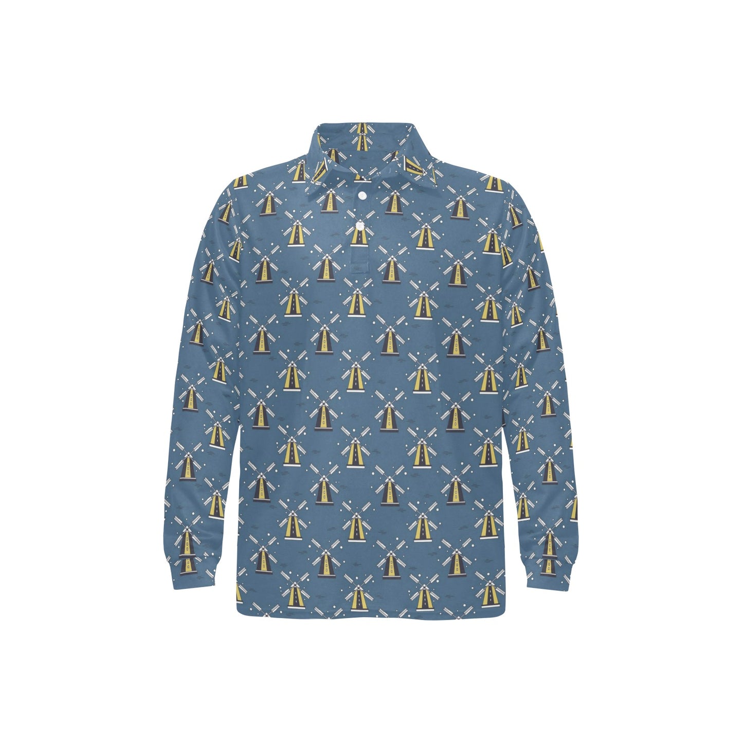 Windmill Pattern Print Design 03 Long Sleeve Polo Shirt For Men's