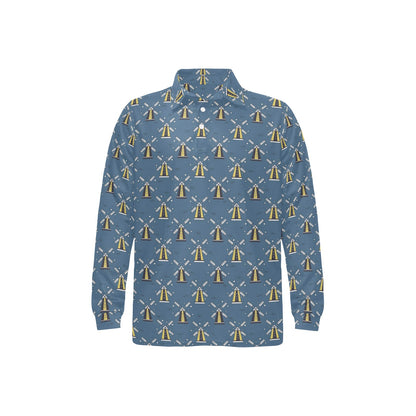 Windmill Pattern Print Design 03 Long Sleeve Polo Shirt For Men's