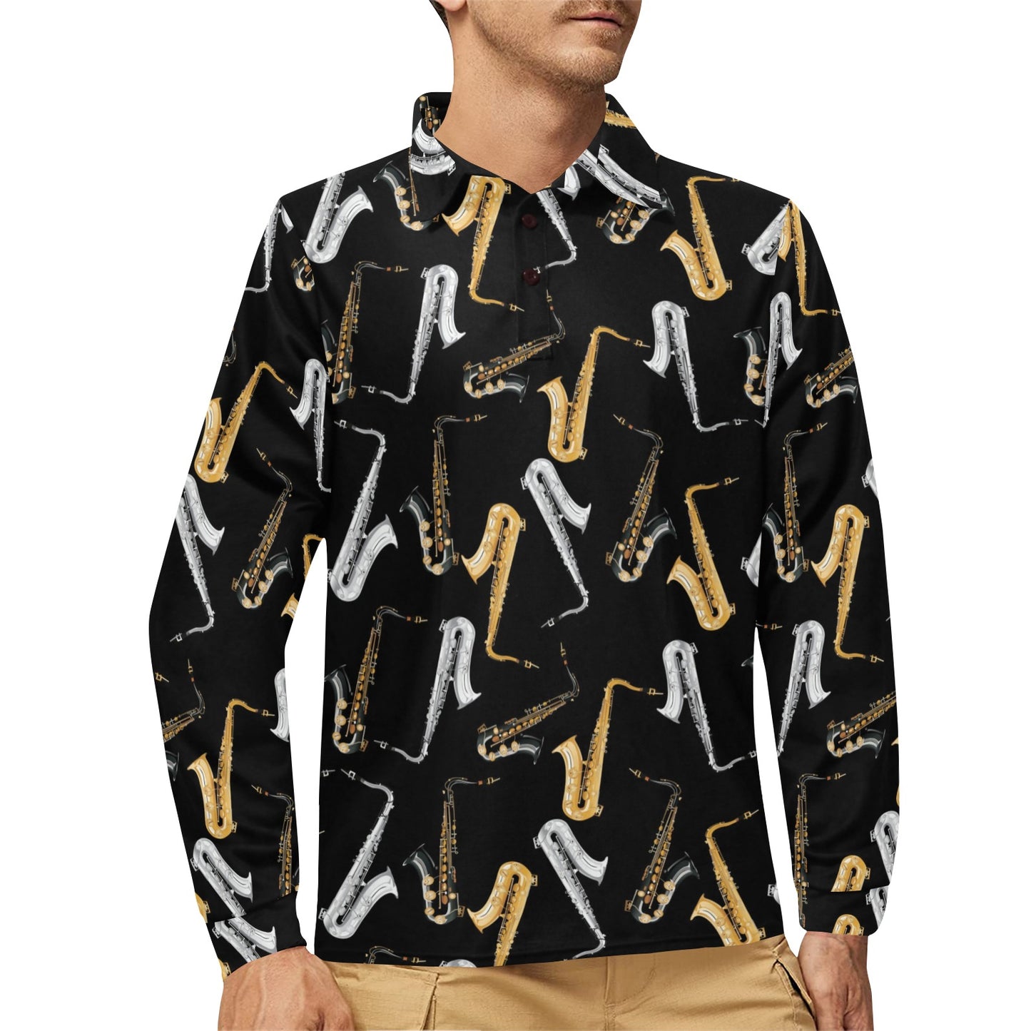 Saxophone Pattern Print Design 01 Long Sleeve Polo Shirt For Men's