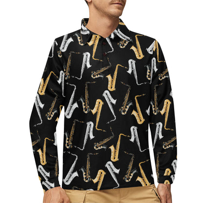 Saxophone Pattern Print Design 01 Long Sleeve Polo Shirt For Men's