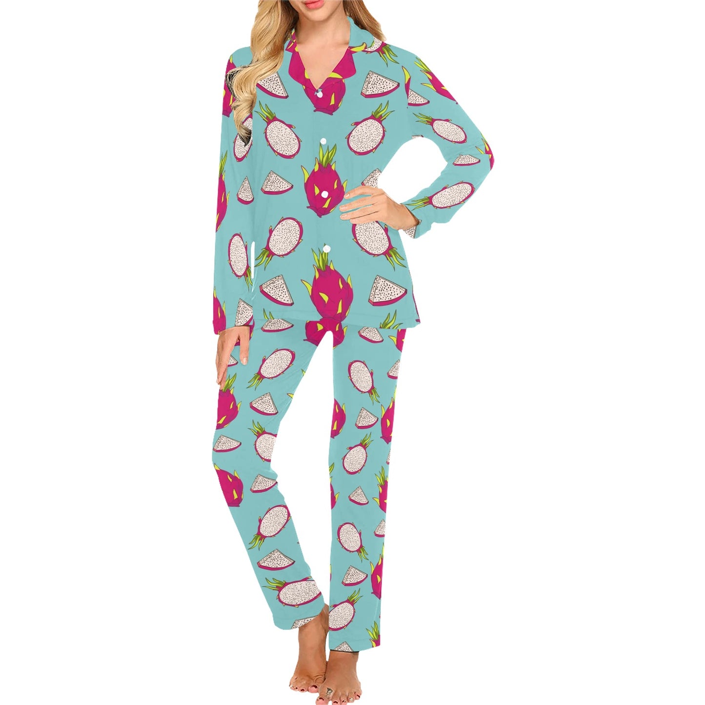 Dragonfruit Pattern Print Design DF01 Women's Long Pajama Set