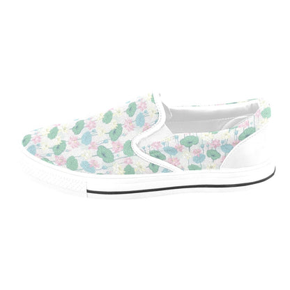 Water Lily Print Design LKS305 White Slip Ons Canvas Women's Shoes