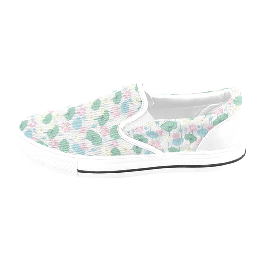 Water Lily Print Design LKS305 White Slip Ons Canvas Women's Shoes