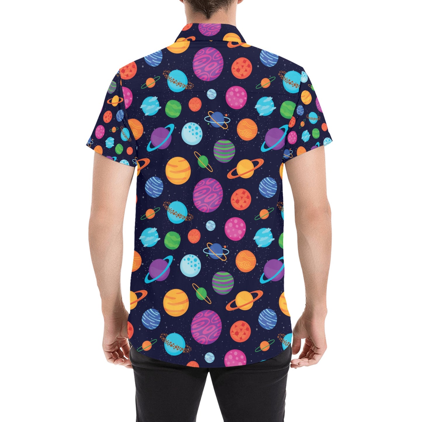 Planet Multicolor Print Design LKS302 Men Short Sleeve Button Up Shirt