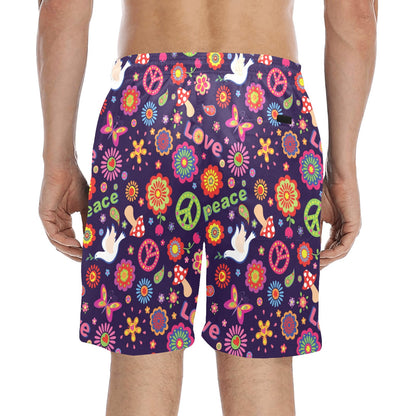 Flower Power Peace Design Print Men's Swim Trunks Beach Shorts