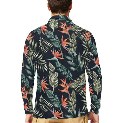 Bird Of Paradise Pattern Print Design BOP02 Long Sleeve Polo Shirt For Men's