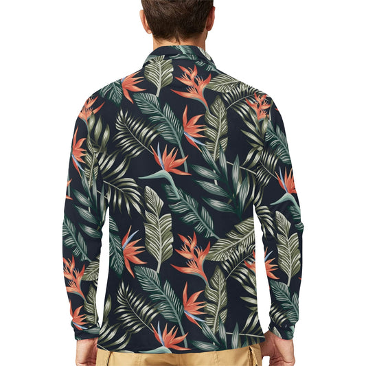Bird Of Paradise Pattern Print Design BOP02 Long Sleeve Polo Shirt For Men's