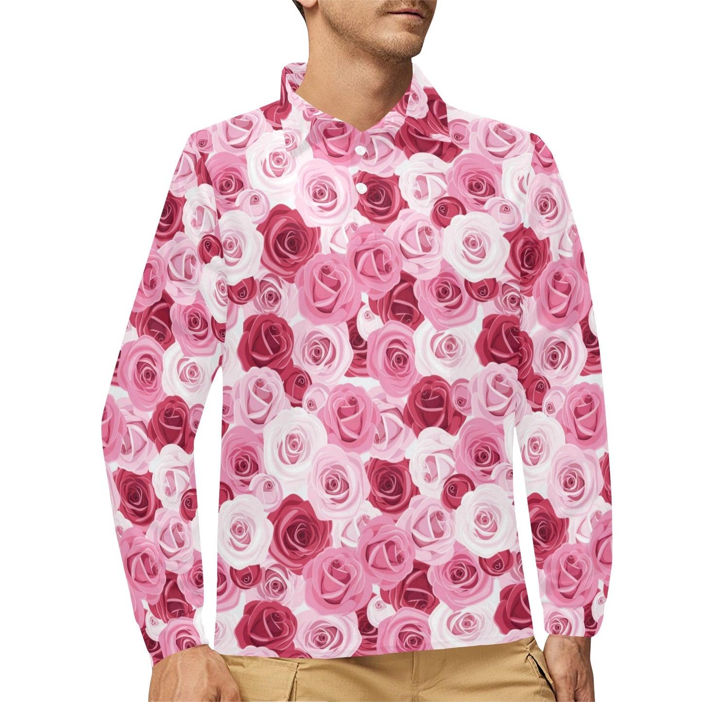 Pink Red Rose Pattern Print Long Sleeve Polo Shirt For Men's