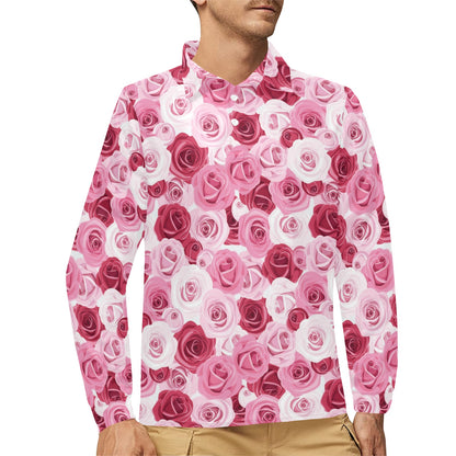 Pink Red Rose Pattern Print Long Sleeve Polo Shirt For Men's