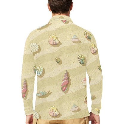 Beach with Seashell Theme Long Sleeve Polo Shirt For Men's