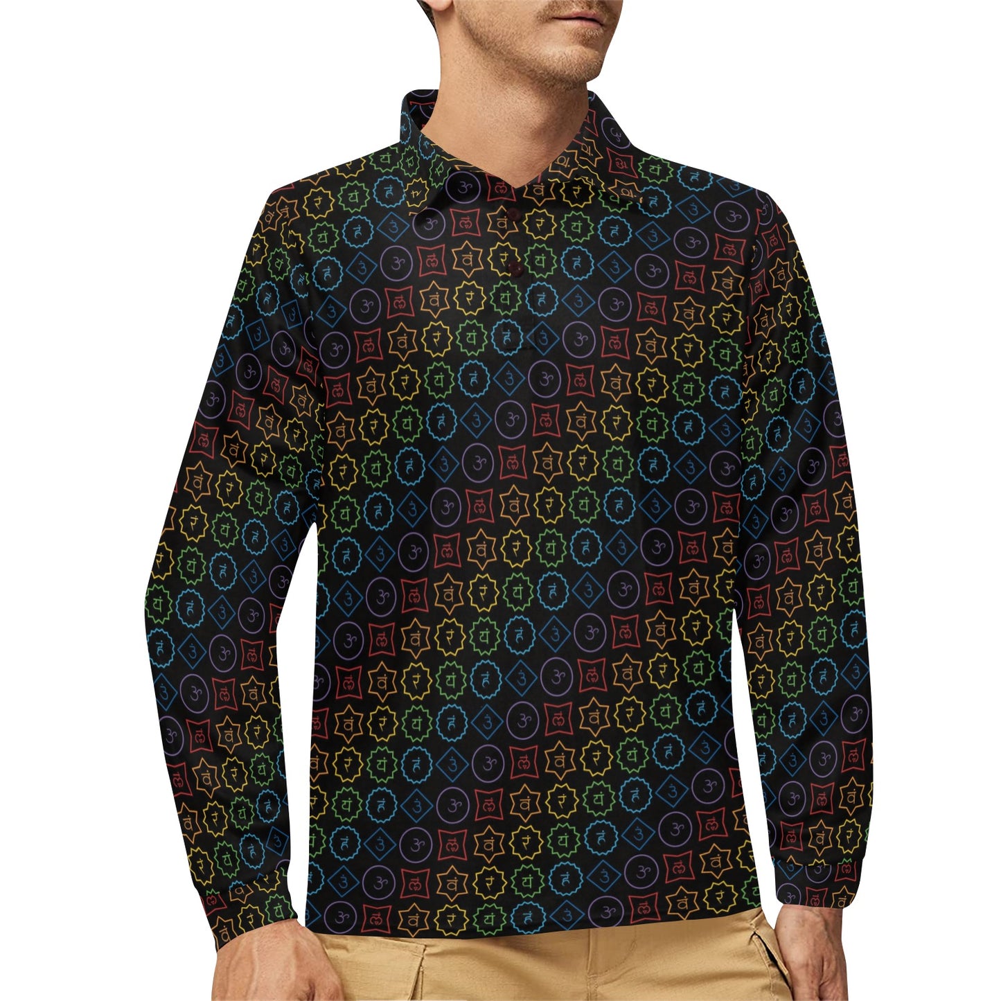Chakra Colorful Symbol Pattern Long Sleeve Polo Shirt For Men's