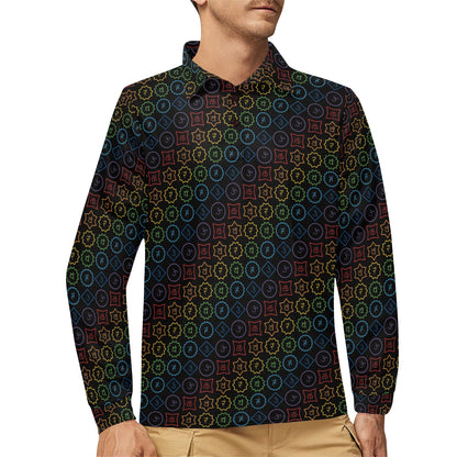Chakra Colorful Symbol Pattern Long Sleeve Polo Shirt For Men's