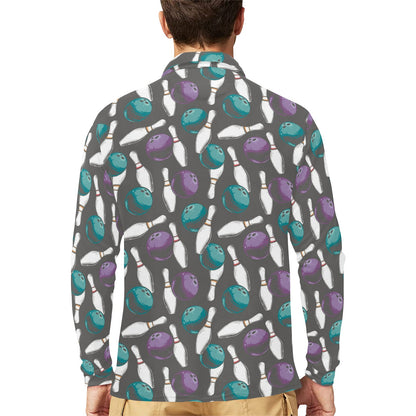 Bowling Pattern Print Design 03 Long Sleeve Polo Shirt For Men's