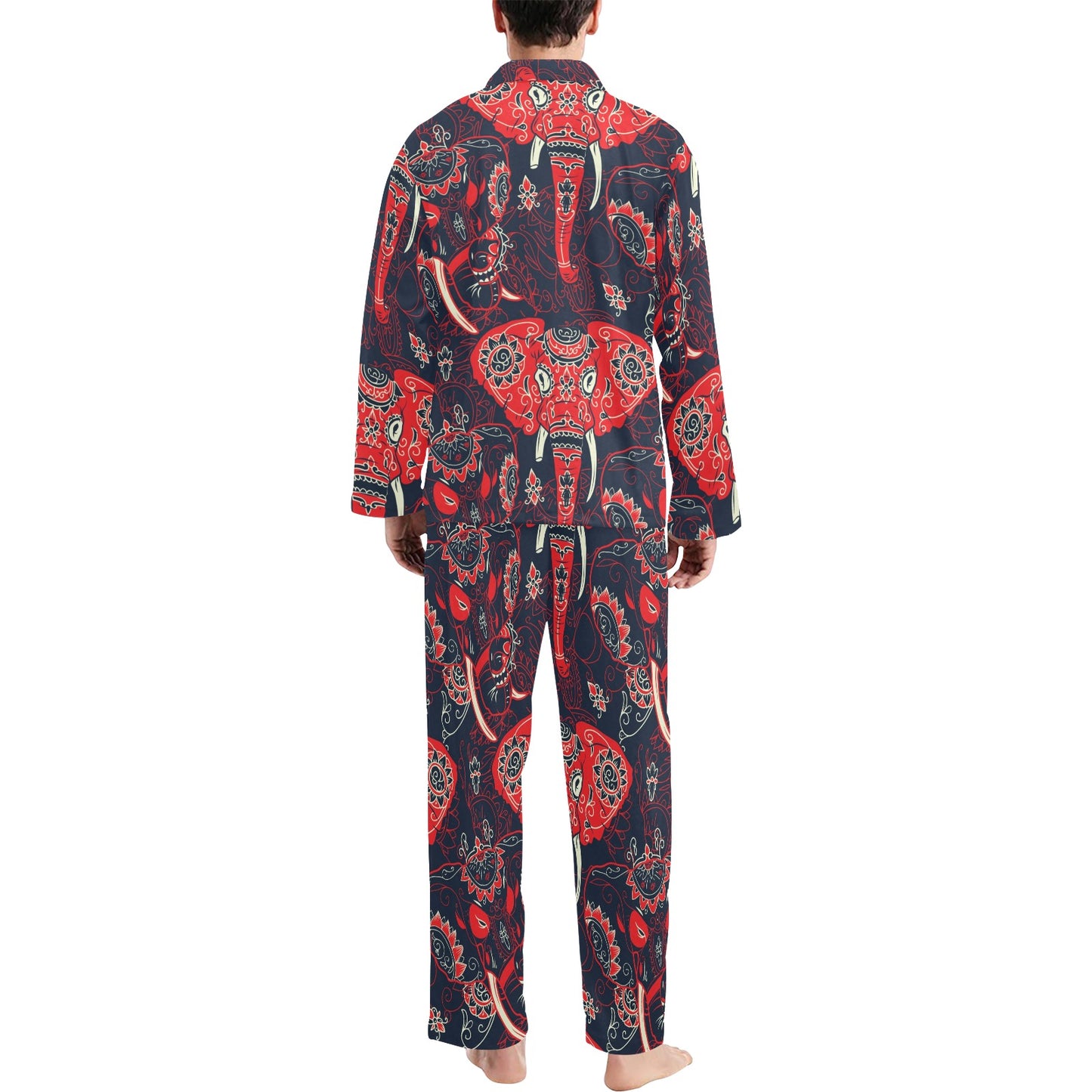 Red Indian Elephant Pattern Men's Long Pajama Set
