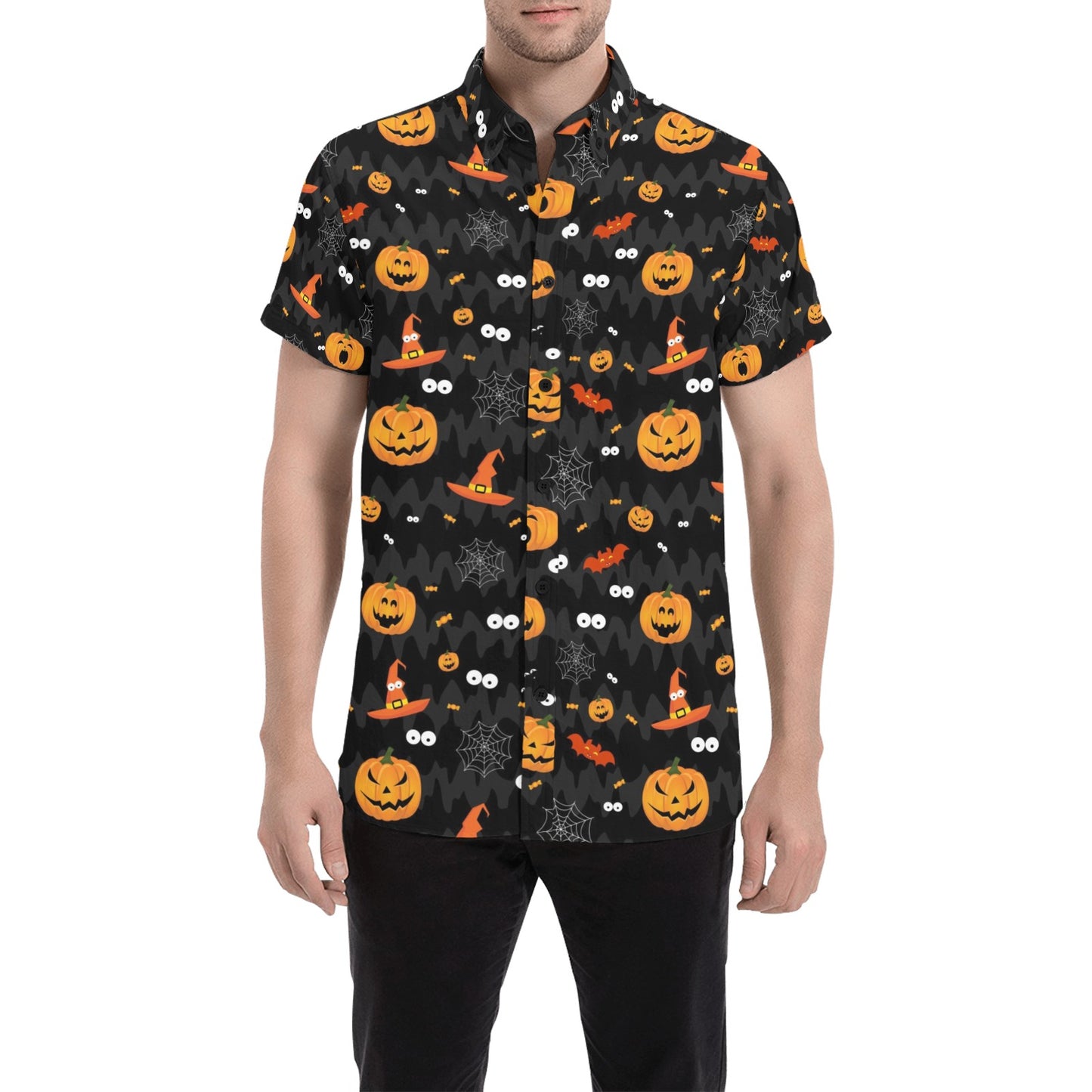 Halloween Print Design LKS405 Men Short Sleeve Button Up Shirt