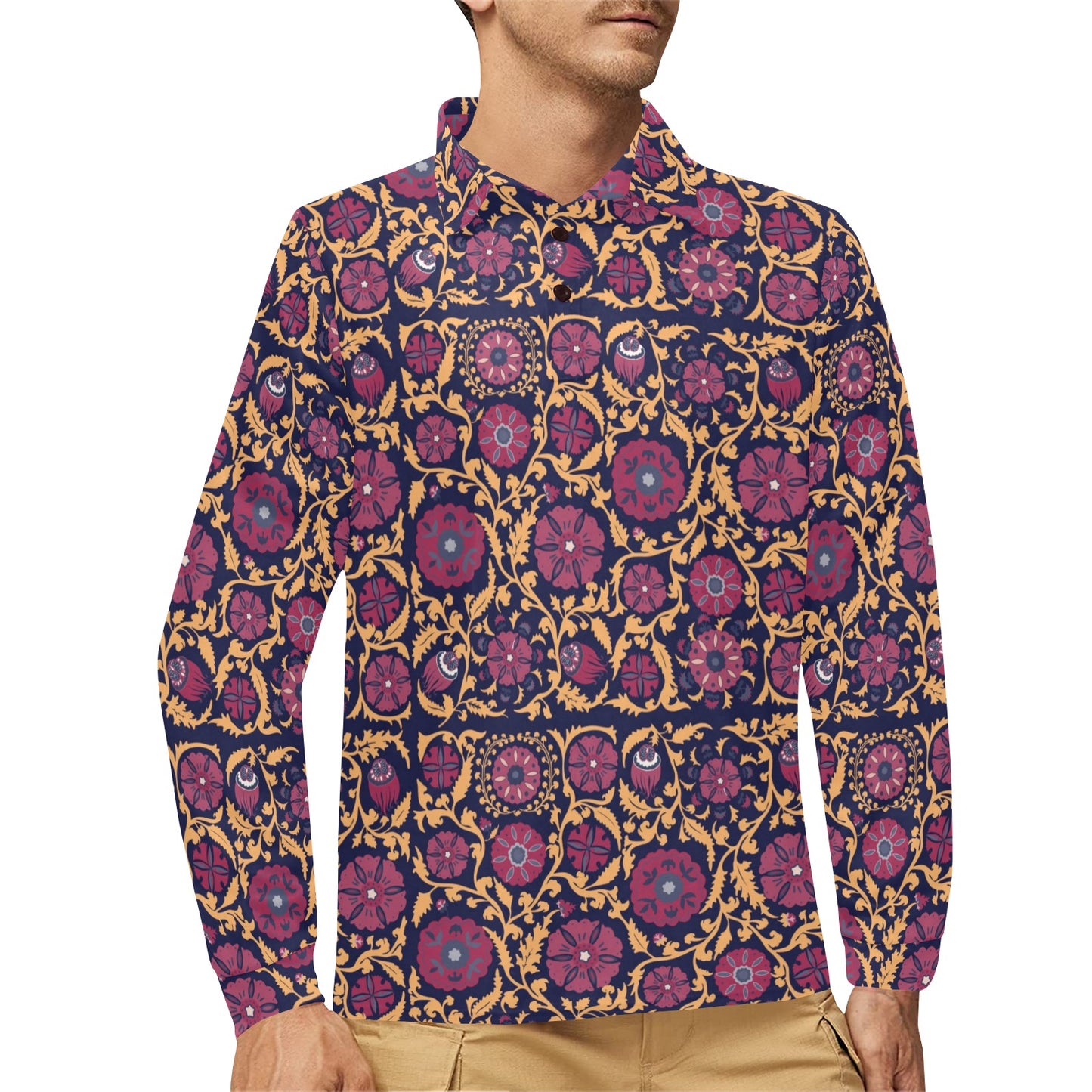 Suzani Print Design LKS303 Long Sleeve Polo Shirt For Men's