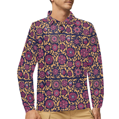 Suzani Print Design LKS303 Long Sleeve Polo Shirt For Men's