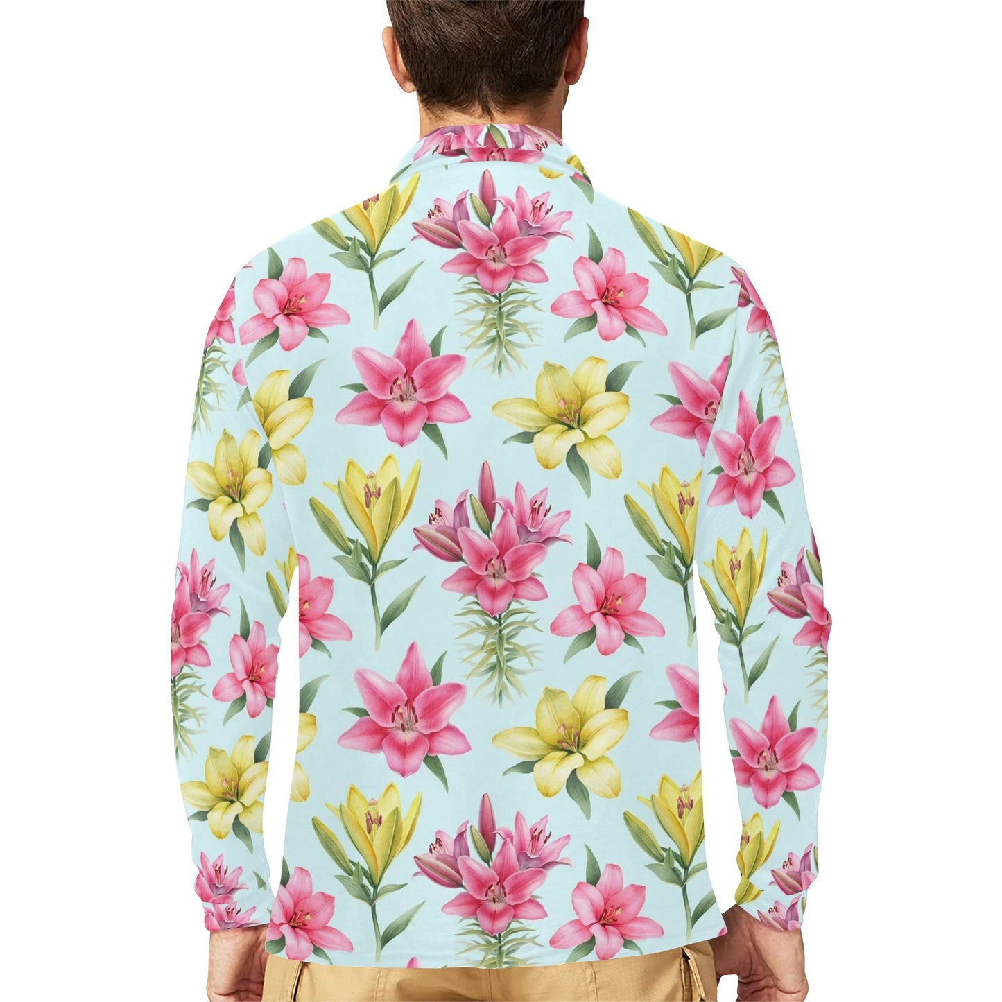 Lily Pattern Print Design LY010 Long Sleeve Polo Shirt For Men's