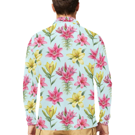 Lily Pattern Print Design LY010 Long Sleeve Polo Shirt For Men's