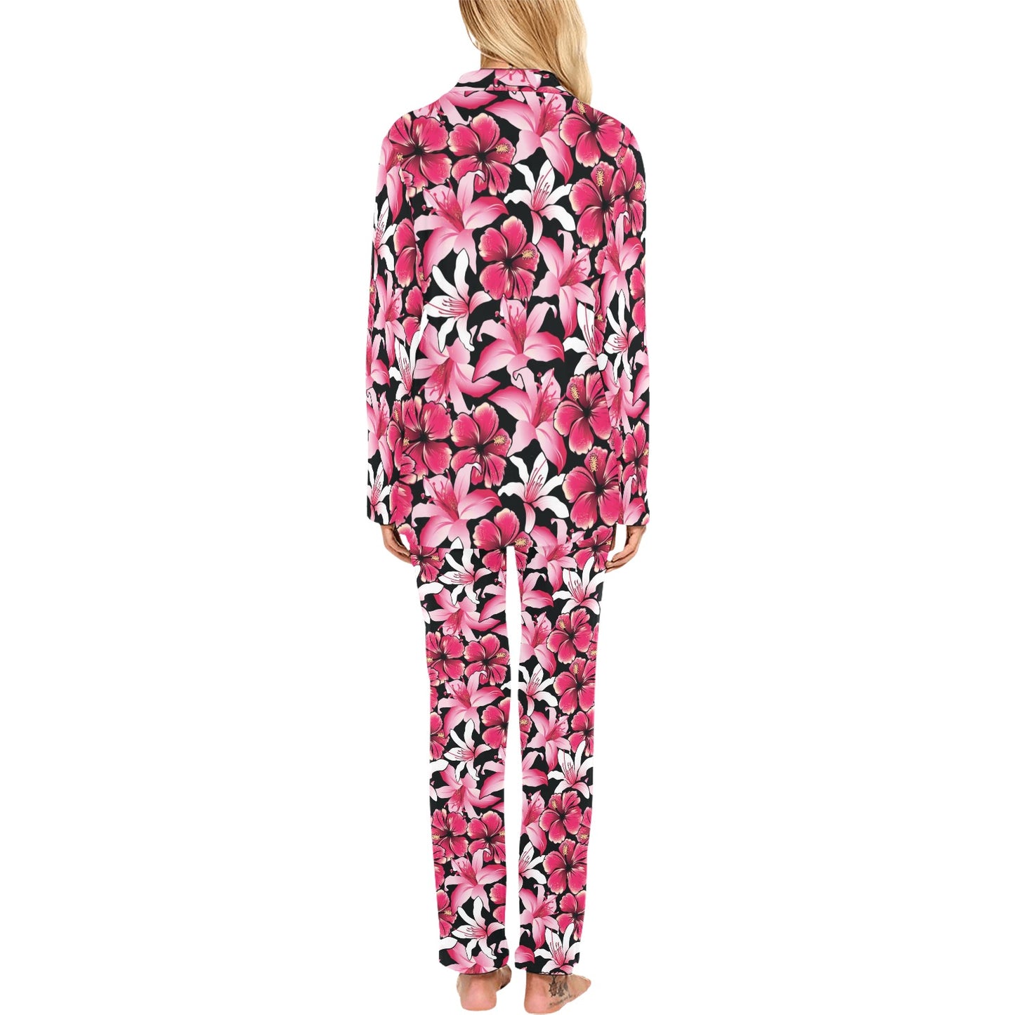 Flower Hawaiian Pink Red Hibiscus Print Women's Long Pajama Set