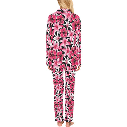 Flower Hawaiian Pink Red Hibiscus Print Women's Long Pajama Set