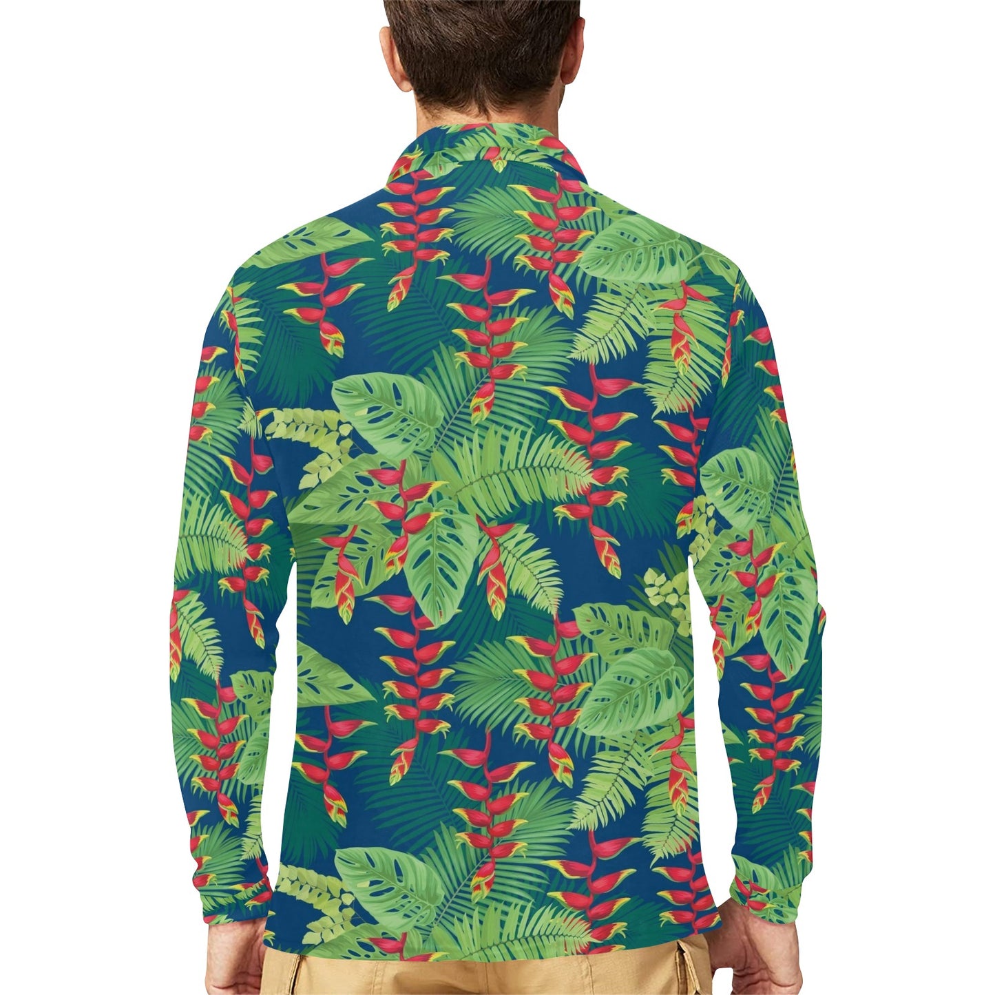 Heliconia Pattern Print Design HL08 Long Sleeve Polo Shirt For Men's