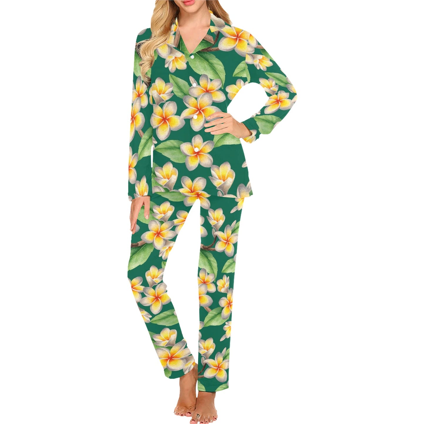 Plumeria Pattern Print Design PM07 Women's Long Pajama Set