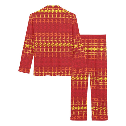 Southwest Red Gold Design Themed Print Women's Long Pajama Set