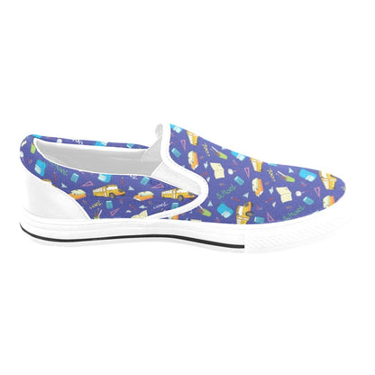 School Bus Print Design LKS307 White Slip Ons Canvas Women's Shoes