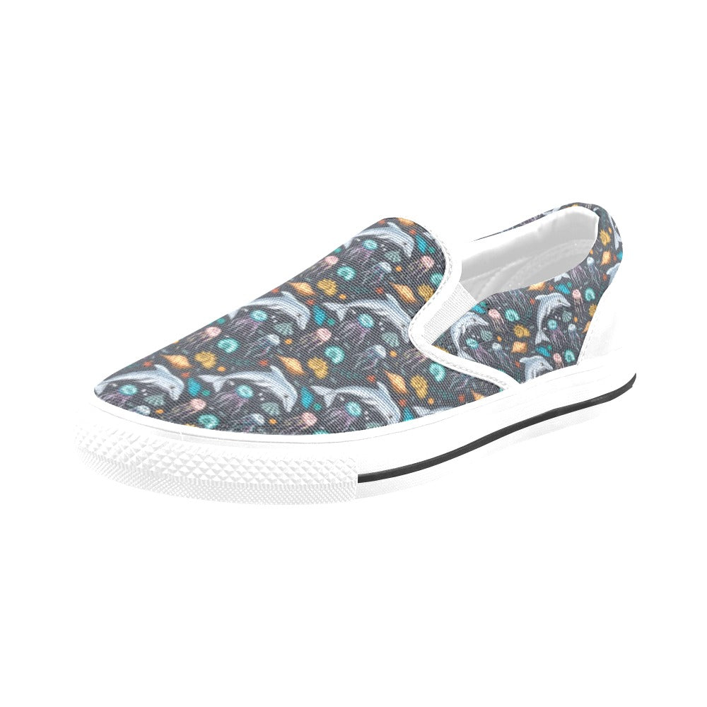 Underwater Dolphin Print Design LKS304 White Slip Ons Canvas Women's Shoes