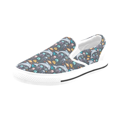 Underwater Dolphin Print Design LKS304 White Slip Ons Canvas Women's Shoes