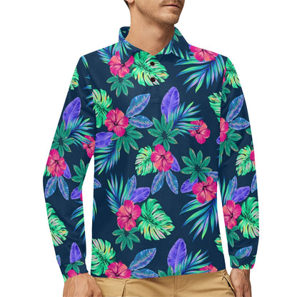 Tropical Flower Pattern Print Design TF09 Long Sleeve Polo Shirt For Men's