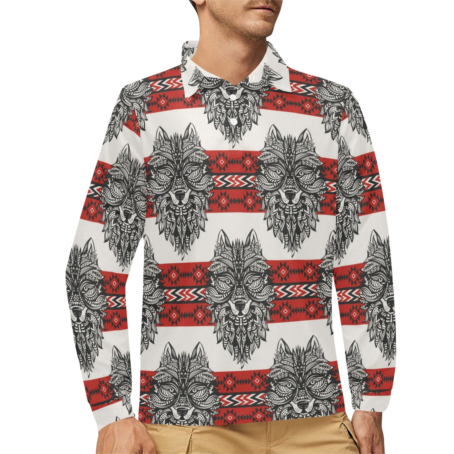 Native Indian Wolf Long Sleeve Polo Shirt For Men's